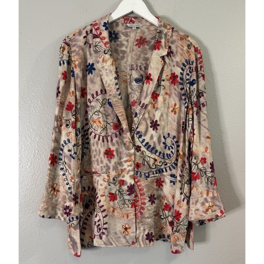 John Mark Embroidered Rayon Blazer Jacket Women's M Boho Artsy Paisley Floral